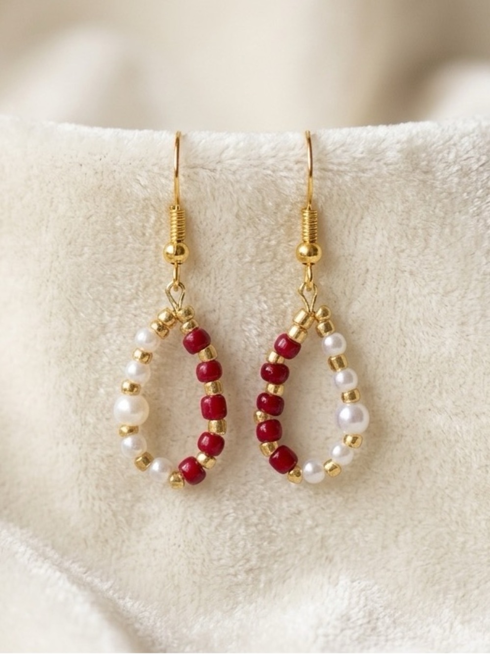 ❤️Gold Teardrop Beaded Earrings with Red and Pearl Accents